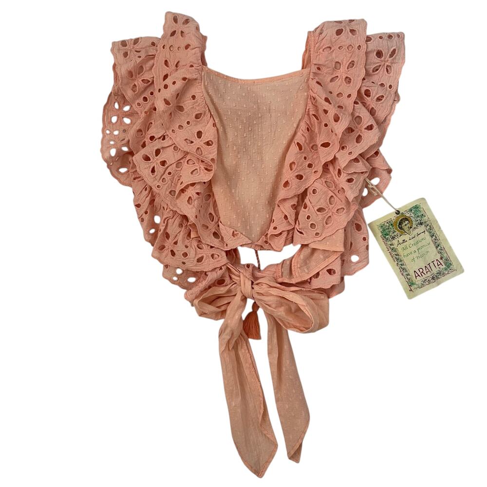 NWT Aratta Pink Ruffle Eyelet Crop Top - Open Tie Back - Size XS